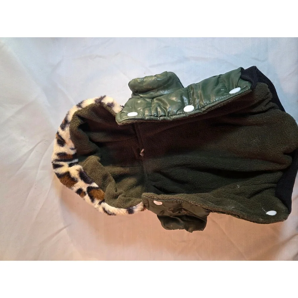 Petsoo Olive Green Quilted Dog Puffer Jacket Leopard Faux Fur Hood Fleece Lined